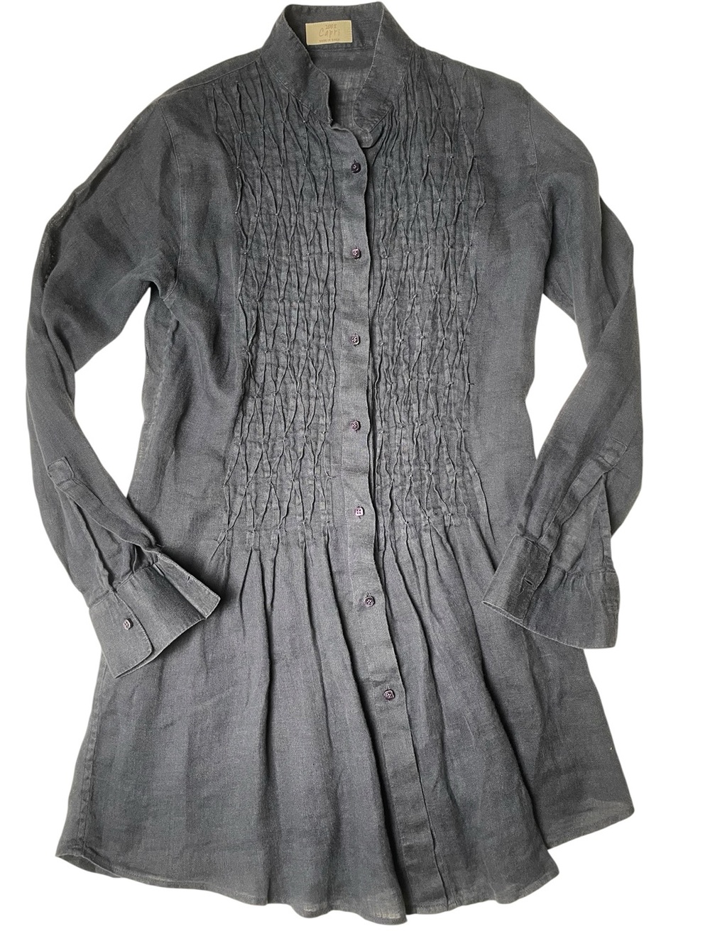Capri 100% Linen Shirt Dress Mock Neck Navy Long Sleeve Quiet Luxury Size S EC